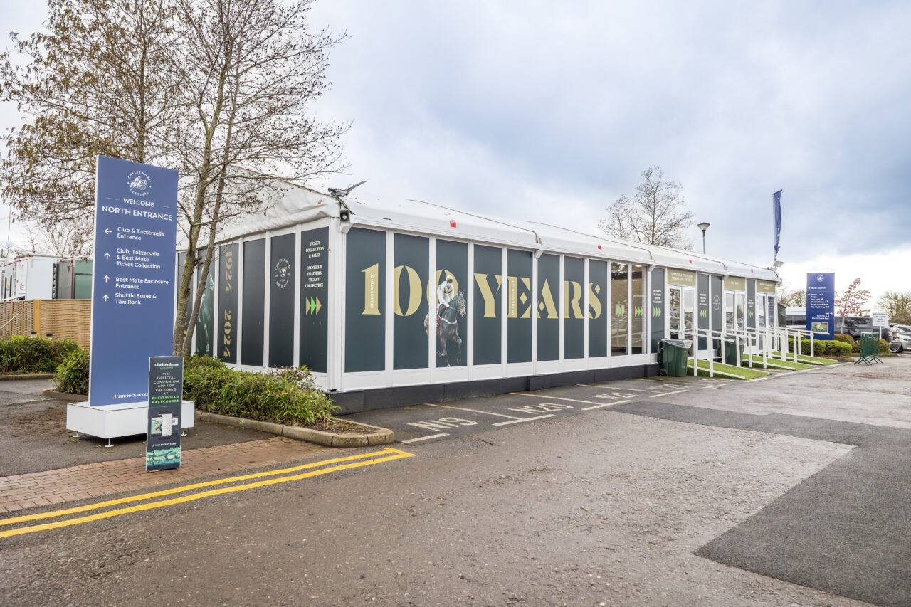 GL events uk branded structure installed at cheltenham festival